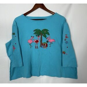 Allyson Whitmore‎ Shirt Womens 1XL Christmas Flamingo Embroidered 3/4 Sleeve